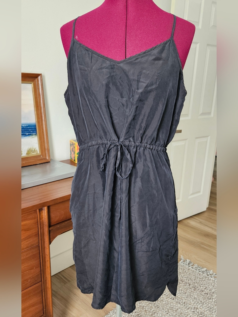 Madewell Drawstring Racerback 100% Silk Daybreak Dress Size 10 Black/Navy